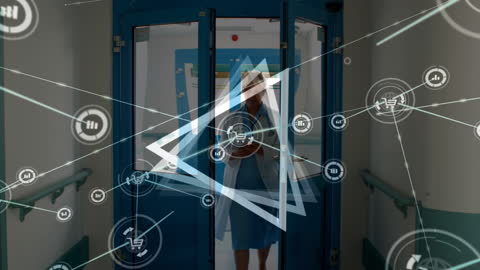 Doctor Walking in Hospital Corridor with Digital Connections