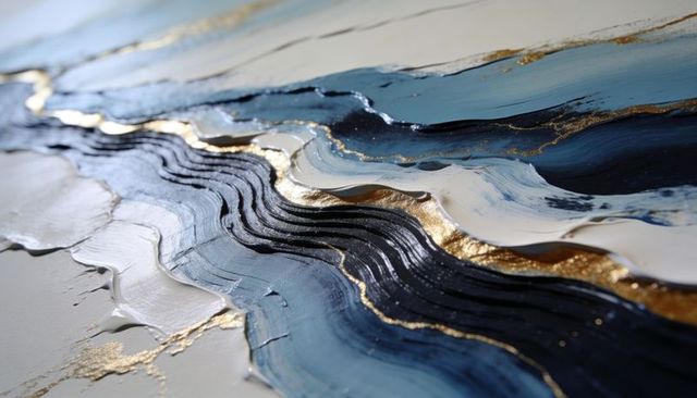 Ocean-inspired blue and gold impasto ridge with metallic leaf texture