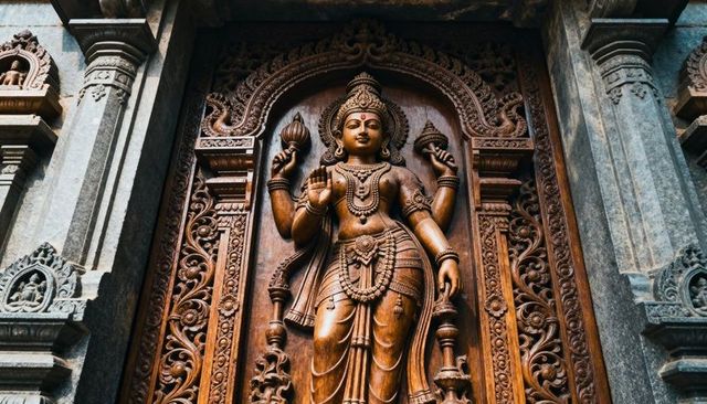 Intricate carved wooden hindu goddess sculpture featuring temple arch relief and jewelry