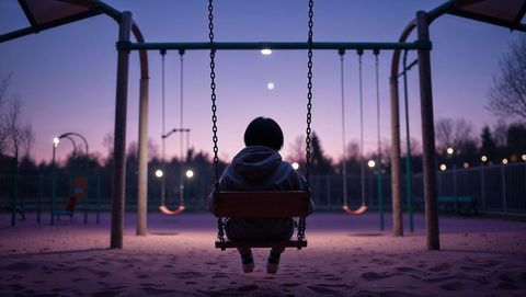 Child sitting alone on swing at dusk creating nostalgic mood - shy concept