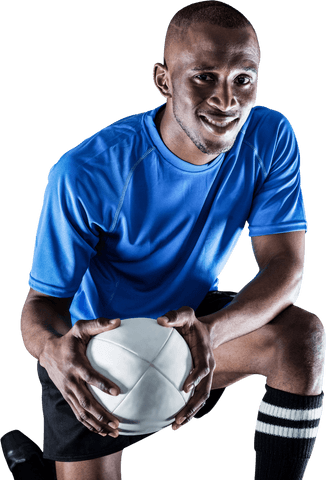 Confident Rugby Player Kneeling with Ball on Transparent Background