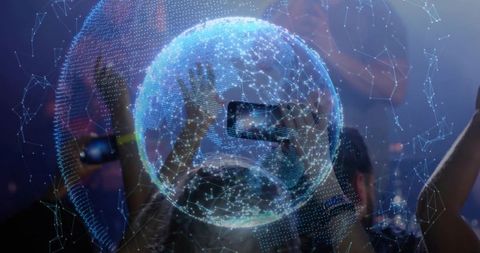 Futuristic network globe overlapping concert crowd