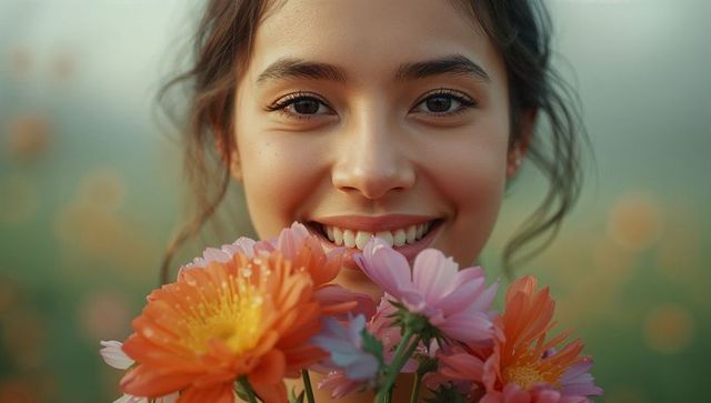 Happy Woman with Vibrant Flowers in Blooming Field