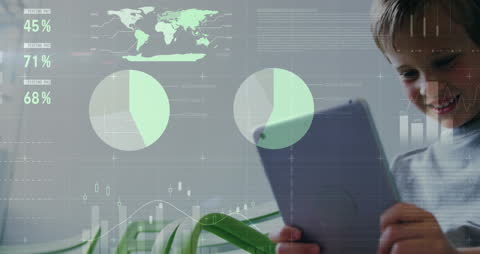 Boy Engaged with Educational Tablet Amidst Future Data Interface