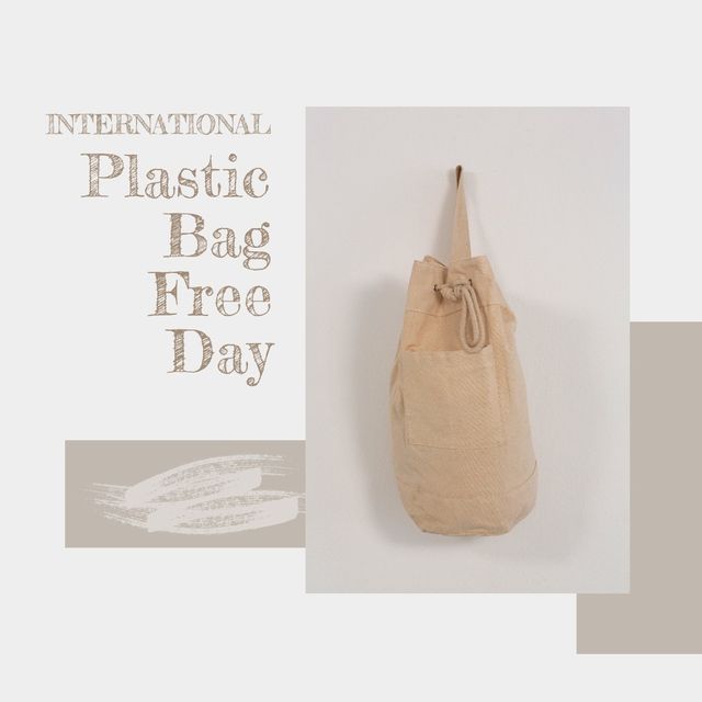 Digital composite image of international plastic bag free day text with beige textile bag hanging. copy space, awareness and nature conservation concept, celebration, plastic bags free day.