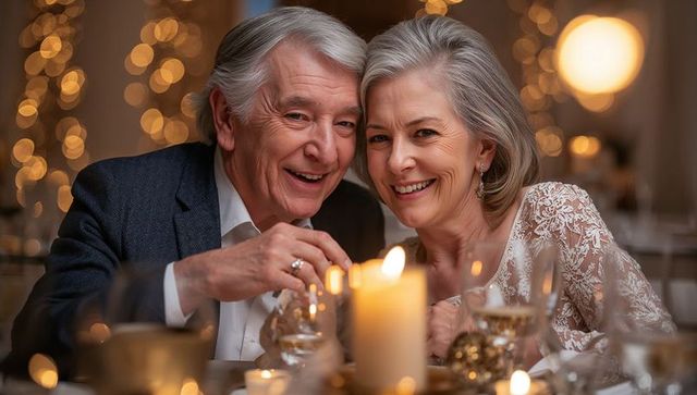 Senior couple enjoying romantic candlelit dinner at elegant banquet with warm lights