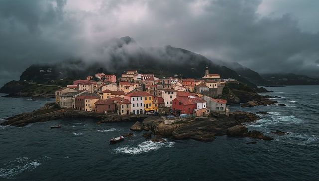 Pastel fishing village nesting on rocky islet with misty mountains and bell tower