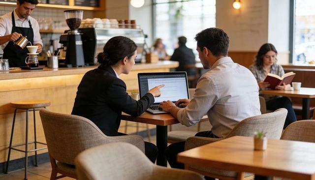 Business professionals collaborating on laptop in modern coffee shop for remote meeting