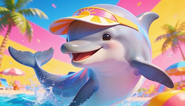 Playful dolphin wearing sun visor splashing in vibrant tropical pool with beach ball and palms