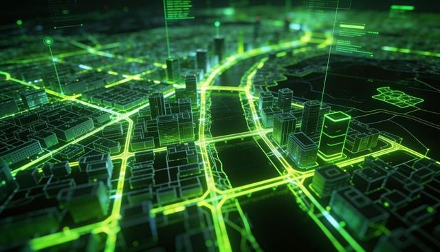 Projecting holographic 3d smart city grid with neon traffic analytics for urban planning