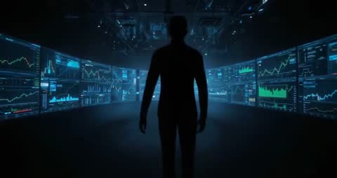 Futuristic Analytics Hub Silhouette with Data Screens
