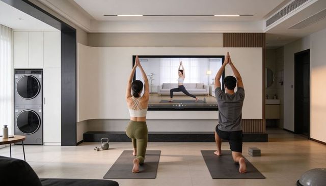 Couple following on-screen yoga instructor practicing lunges in stylish modern living room