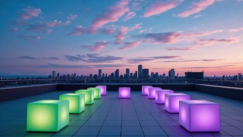 Glowing cubic seats at sunset on modern rooftop terrace