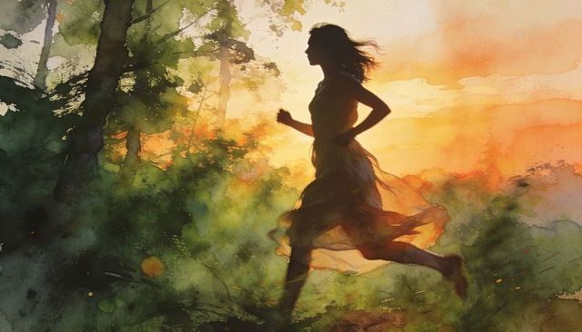 Silhouette woman running through sunlit forest watercolor painting, flowing dress, backlit