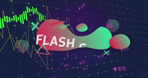 Neon duotone flash blob over futuristic data grid with candlestick chart interface