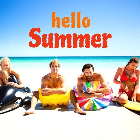 Friends Enjoying Beach Vacation with Summer Greetings