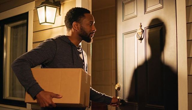 Delivering package at night, holding cardboard box and turning door knob under porch light
