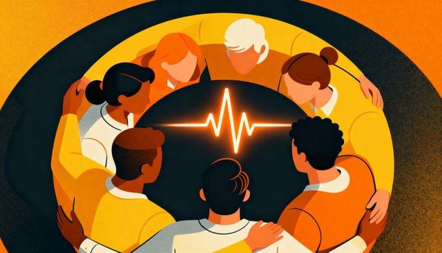 Seven adults linking arms around glowing heartbeat signal symbolizing unity, teamwork, support