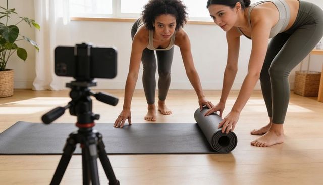 Young women unrolling yoga mat while filming home workout on smartphone tripod for class