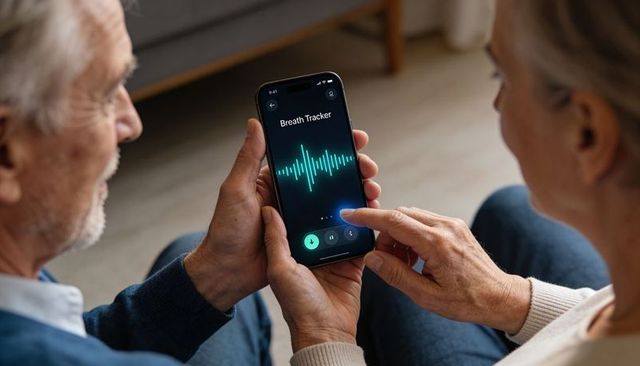 Senior couple holding smartphone tapping breath tracker app showing waveform for health monitoring