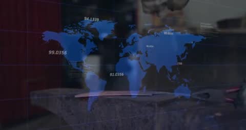 Metalworker Analyzing Sheet with Digital World Map Overlay and Data