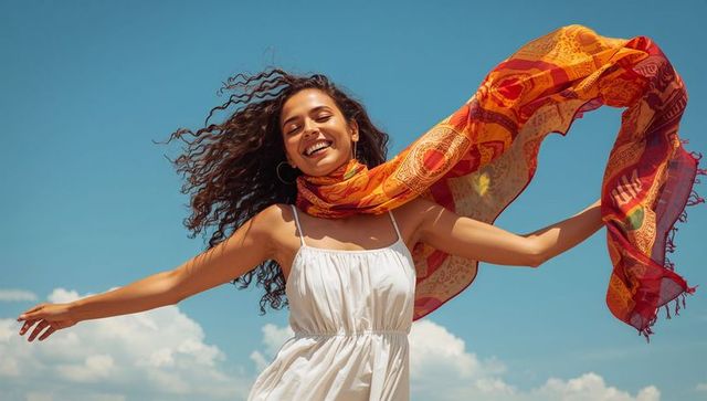 Joyful woman dancing with flowing orange scarf against clear blue sky, summer freedom