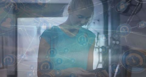 Businesswoman navigating cybersecurity with digital tablet in modern office