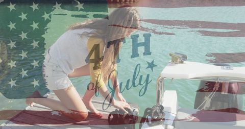 Young Woman Prepares Boat for Patriotic Independence Day Celebration