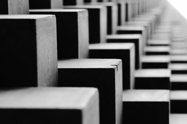 Features abstract geometric cubes in black and white with a strong perspective. Can be used for modern art design, architectural concepts, or minimalistic background themes.