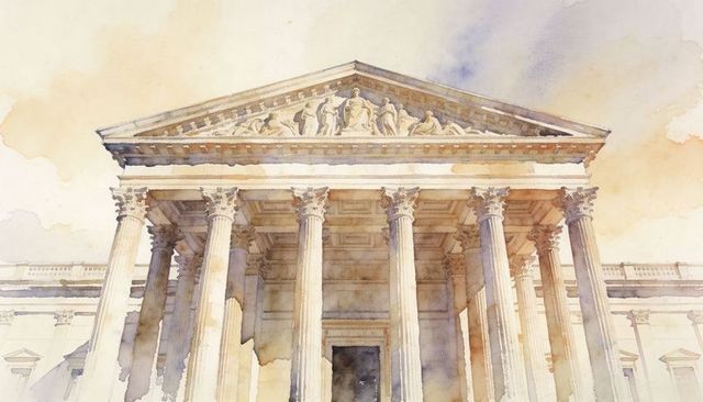 Sunlit neoclassical portico with corinthian columns in soft watercolor