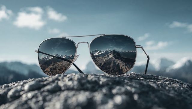 Reflective aviator sunglasses viewing mountain range