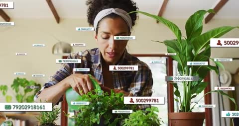 Urban gardener live streaming indoor plant care tutorial with viewer count and social overlays