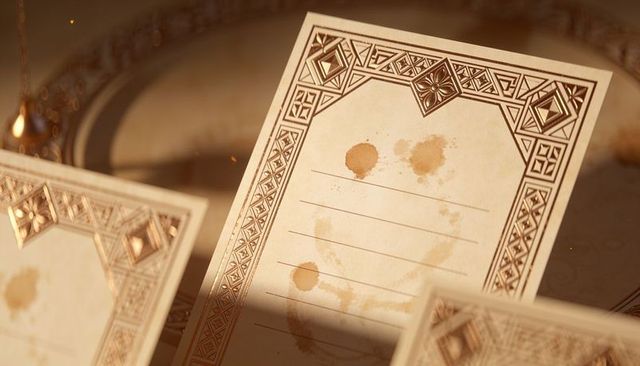Ornate lined card with gold embossed geometric border and coffee stains on mirror tray