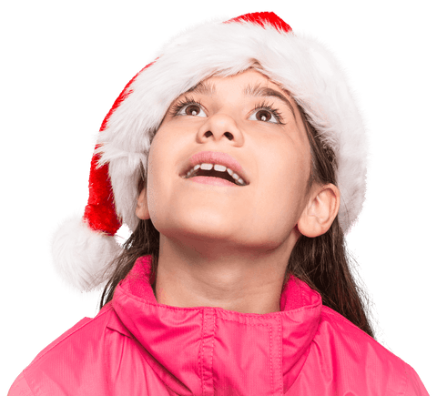 Festive Girl in Santa Hat with Surprised Expression on Transparent Background