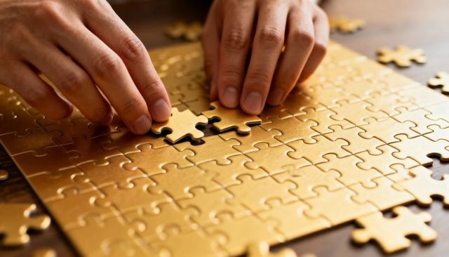 Placing Gold Jigsaw Piece with Adult Hands Assembling Metallic Puzzle on Wooden Table