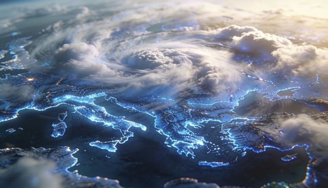 Orbital view showing cyclone swirling over southern europe with neon blue coastline glow