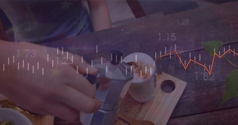 Barista Pouring Coffee with Overlaid Financial Graph Trends
