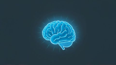 Pulsing neon blue brain illustration on digital background