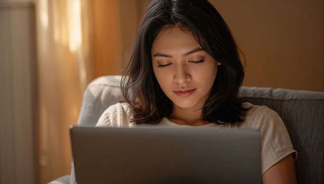 Young woman working on laptop at home in warm natural light, remote work calm focus