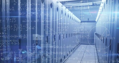 Mathematical Equations Overlay on Modern Server Room - Download Free Stock Images Pikwizard.com