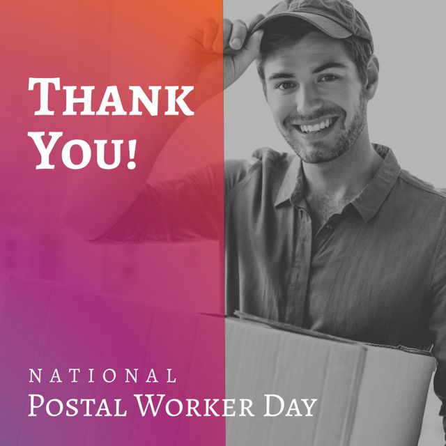 Smiling postal worker tips his cap while holding a package, surrounded by vibrant 'Thank You!' and 'National Postal Worker Day' text. Perfect for social media posts, appreciation messages, promotional materials, and campaigns aimed at honoring and celebrating postal workers.