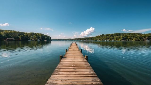 Wooden pier leading toward tranquil lake horizon with forest reflections and blue sky
