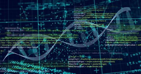 Glowing dna helix curving through code stream for genomics data visualization