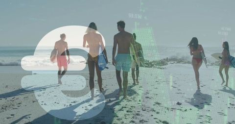 Group of Friends Strolling with Surfboards on Sunny Beach