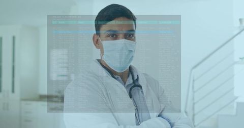 Confident Male Doctor with Digital Overlay in Modern Clinic