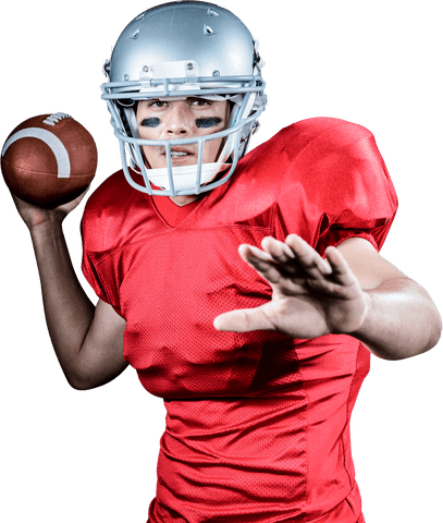 Dynamic quarterback throwing football in red uniform posed transparent