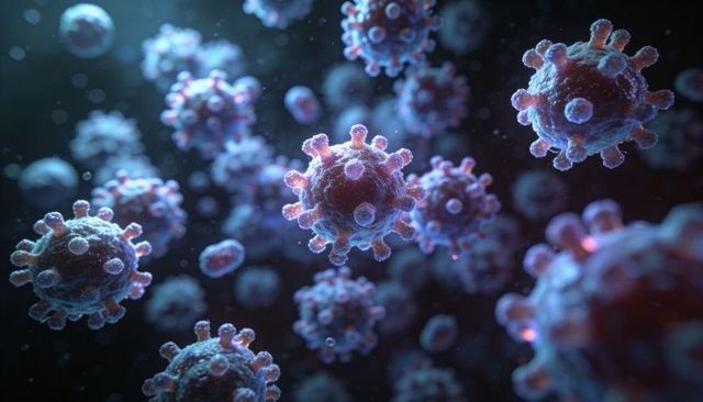 Floating coronavirus particles with glowing magenta spike proteins in blue suspension