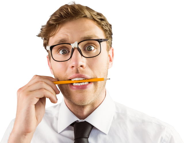 Geeky Professional Cartoonishly Biting Pencil on Transparent Background - Download Free Stock Videos Pikwizard.com