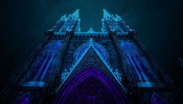 Neon-Lit Gothic Cathedral Facade with Towering Twin Spires at Night