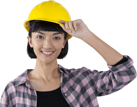 Transparent portrait of female architect in yellow hard hat smiling